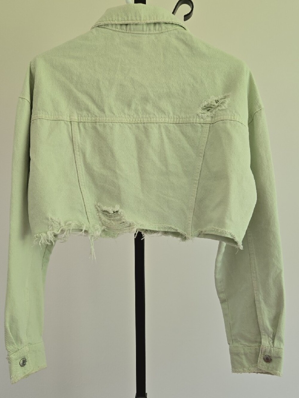 Zara Cropped Distressed Denim Jacket - Pale Green - Picture 2 of 6